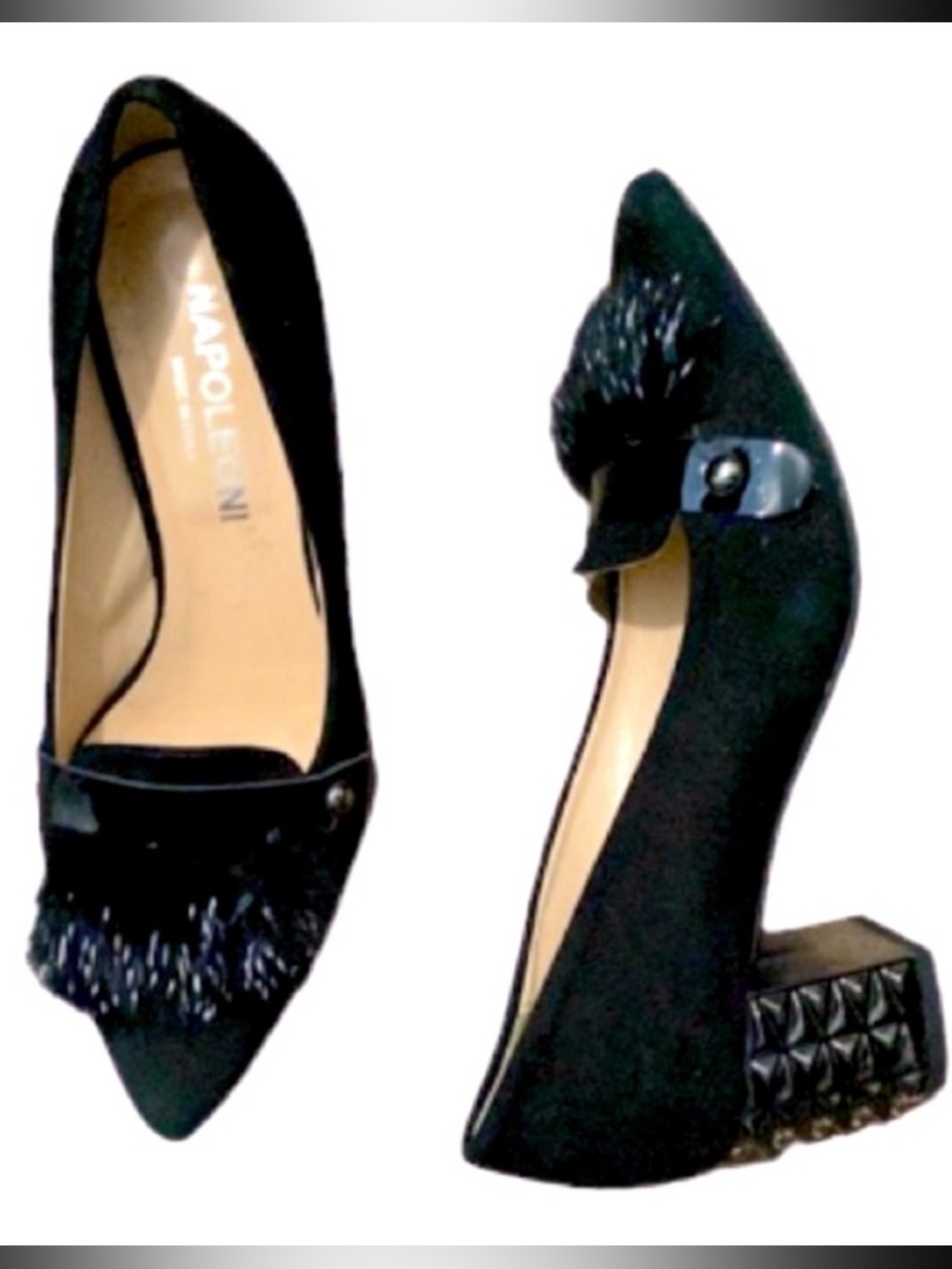 Napoleoni Black Suede Italian Made Heel Civitanova Pointed Toes Shoes Size 36